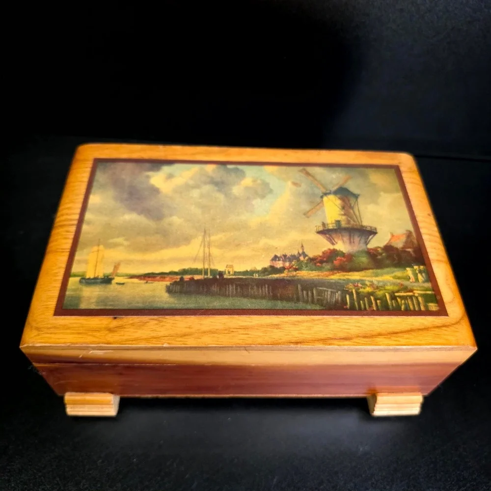 Cedar Wood Trinket Box Small Brown Dutch Windmill Vintage Decor Cottagecore Art